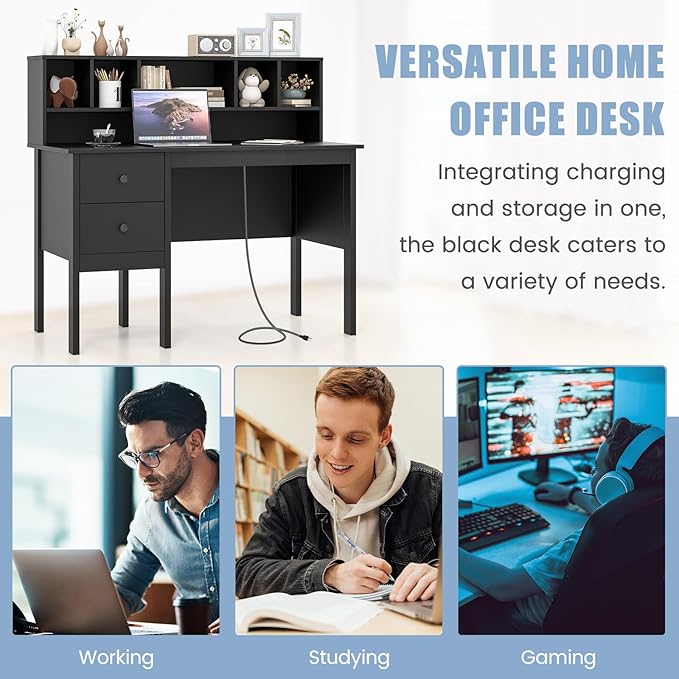 COSTWAY Writing Desk with USB Charging Ports &amp Power Outlets 48 Computer Desk with Drawers &amp 5-Cubby Hutch Study Table Computer Work Station for Home Office (Black)
