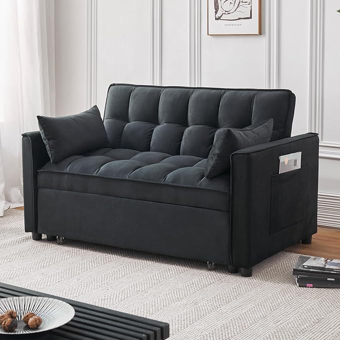 Futon Sofa BedModern 3 in 1 Convertible Sleeper Sofa Pull Out Couch Bed with Adjustable Backrest Storage Pockets and Toss Pillows for Living Room Bedroom (Black)