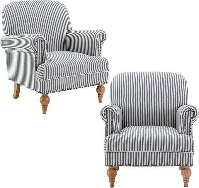 Linen Accent Chairs Set of 2 Mid-Century Modern Living Room Armchair with Nailhead Trim &amp Wood Legs Comfy Upholstered Single Sofa Chair for Lounge/Bedroom/Reception Blue Stripe