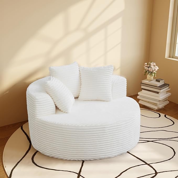 WJShome Oversized Round Chair Lounge Chaise IndoorUpholstered Corduroy Sofa Bed with 3 PillowsComfy Sleeper Boneless CouchDeep Seat Couches for Living Room Beige