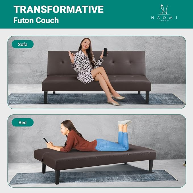 Naomi Home Button Tufted Futon Sofa Bed Espresso Faux Leather 3-Position Convertible Space-Saving 66.1 W
