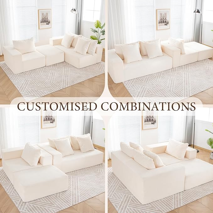 INGEROOM 108 Cloud Sectional Couch with L-Shape Chaise Modular Sofa Memory Foam Boneless Sofa with Movable Ottoman Upholstered Couches for Living Room Bedroom No Assembly Required Beige