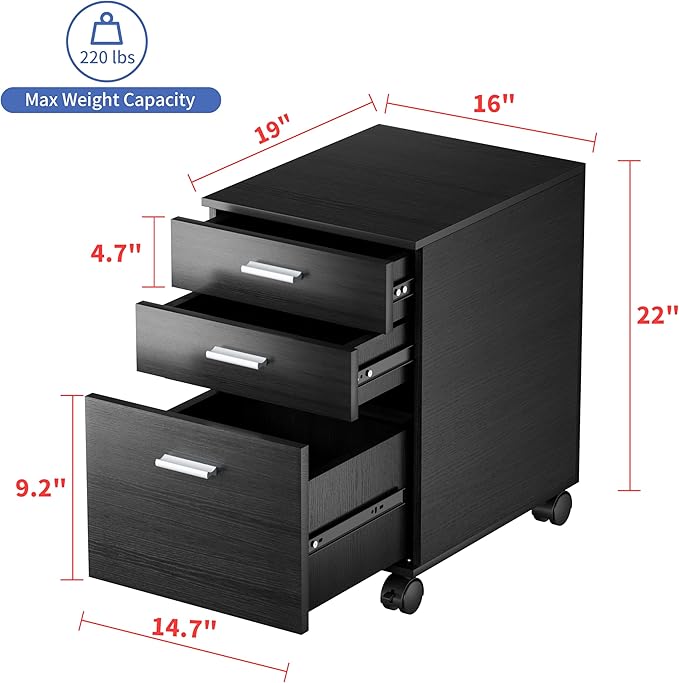 3 Drawer File Cabinet with WheelsPre-Assembled Black Wood OrganizerFits A4/Letter Size for Home OfficeMobile Printer Stand Storage19 L x 16 W x 22 H