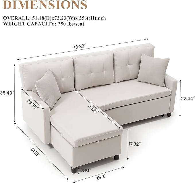 Sleeper Sofa Couch Oversized Pull Out Couch Bed with Storage Chaise Sectional Sleeper Sofa Bed for Living Room (Beige Single)
