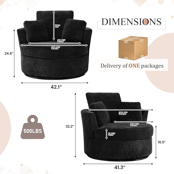 42 W Modern Black Swivel Barrel Chair with 360° Round Metal Base &amp Soft Chenille Pillows &amp Thick Cushion Comfy Oversized Chaise Longue Indoor Living Room Bedroom Club Reading Armchair (Blac