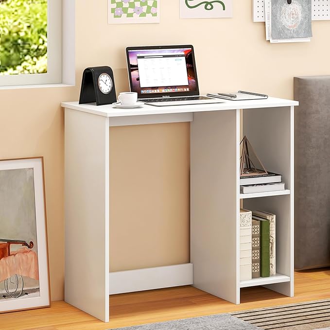 31.5 Computer Desk with Storage White Modern Wooden Office Desk for Small Spaces 2-Tier Shelves Writing Workstation for Home Bedroom Study – Compact Gaming &amp Vanity Table