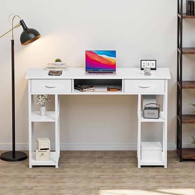OLIXIS Desk with Storage Fabric Drawers-48 Inch Home Office Computer Desk for Small Space BedroomModern Study Work Gaming Writing Table PC DesksChic White
