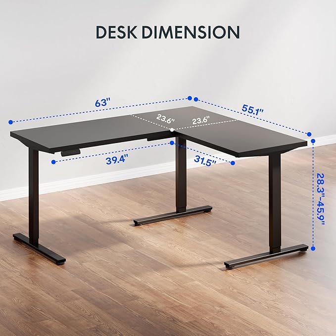 FLEXISPOT L Shaped Standing Desk 63 x 55 Inch Electric Height Adjustable Corner Desk Sit Stand Computer Workstation Preset Controller Home Office Black Frame with Black Top