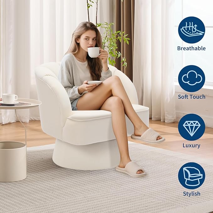 Mid Century Modern Swivel Barrel Chair - 360° Swivel Accent Chair with Plush Velvet Upholstery &amp Wide Cushioned Seat Round Lounge Sofa Chair for Living Room Bedroom Office (Beige 1 PCS)