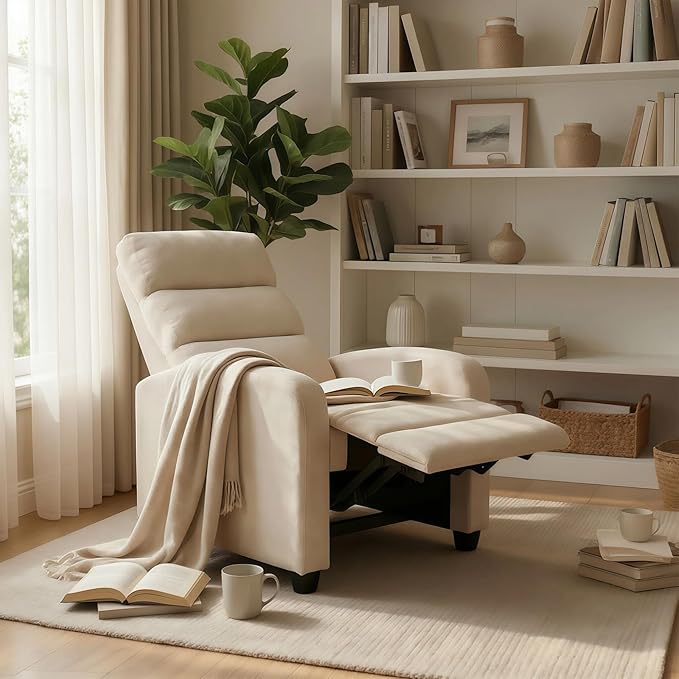 Furnimart 2-Piece Manual Recliner Chair for Small Spaces Chenille Reclining Chair with Chunky Cushion Comfortable Single Sofa for Adults Ideal for Living Room Bedroom Home Theater Beige