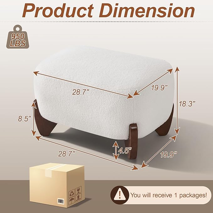 28.7 Sherpa Boucle Ottoman with Solid Wood Legs Modern Upholstered Footstool Comfy Ottoman for Living Room Bedroom White