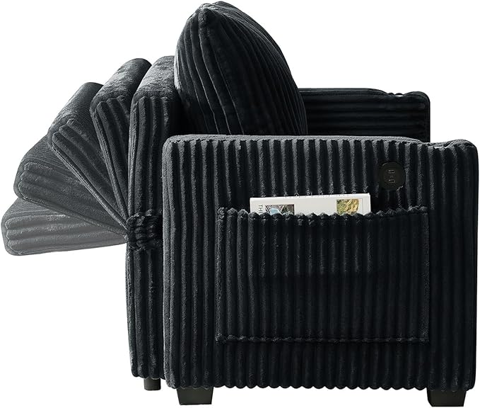 Antetek Pull Out Sofa Bed Futon Convertible Modern Corduroy Loveseat Chaise Lounge Sofa Couch with USB Charging Ports &amp Cup Holders for Guest Room Living Room Bedroom Adjustable Backrest Black