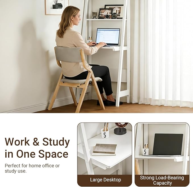 Ladder Desk with Shelves - Compact Slim White Desk with Storage for Small Spaces Modern Home Office Workstation Desk Freestanding Narrow Writing Desk with Open Shelves White FRG60