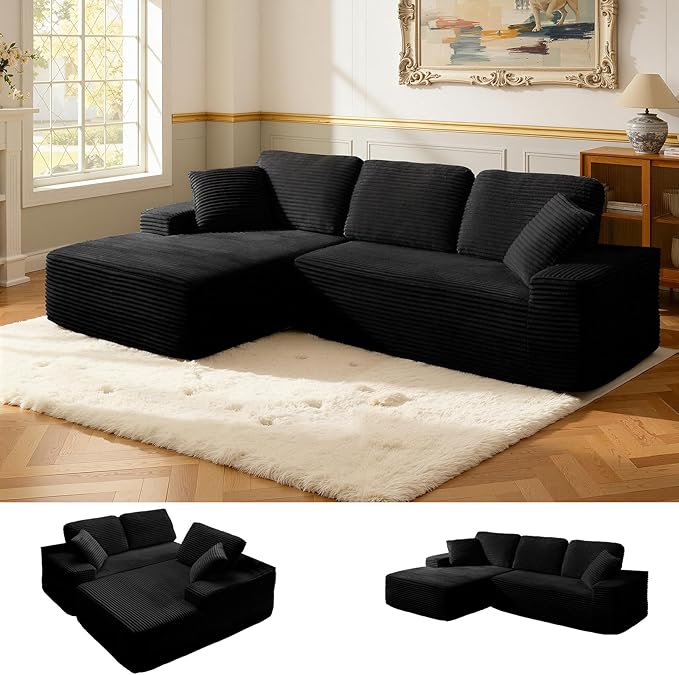 109.4” Modular Sectional Sofa Convertible Sofa Bed No Assembly Required Cloud Couch with Deep Seat Modern L-Shaped Boneless Sofa for Living Room (Black)
