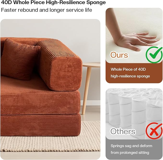 79 Inch Convertible Sofa Bed Couch in Box 5 in 1 Folding Modular Boneless Couch with Pull Out Bed 2 Pillows Soft Corduroy Floor Futon Lounge Loveseat Sleeper Lazy Cama No Assembly Orange
