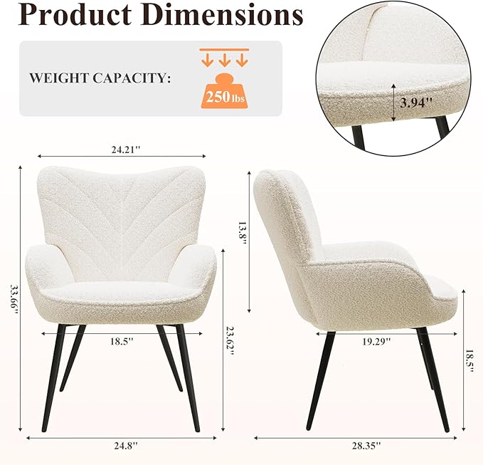 Mid-Century Modern Beige Sherpa Accent Chair Upholstered Armchair for Living Room/Bedroom/Reading Corner Curved Back &amp Padded Seat High-Density Cushion Soft Cozy FabricSet of 2