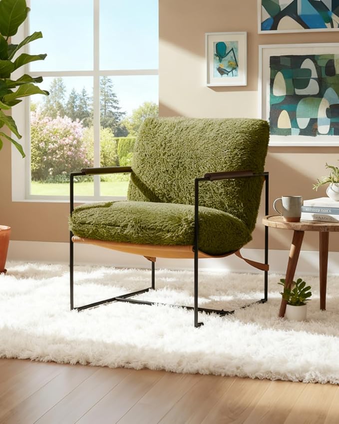 Karl home Modern Accent Chair Plush Fleece Upholstered Living Room Chair with Metal Frame Wooden Armrest Comfy Lounge Armchair for Living Room Bedroom Balcony Reading Room Green