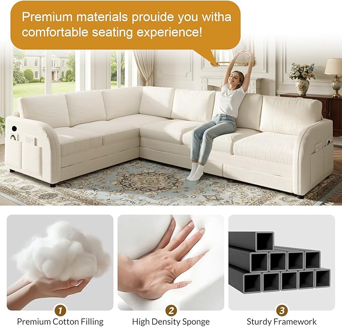 115.2 L Shaped Couch Bed Sectional Couches for Living Room Teddy Fabric Sleeper Sofa Bed with Pull Out Couch Convertible Sectional Couch with Charging Station &amp Side Pocket Beige