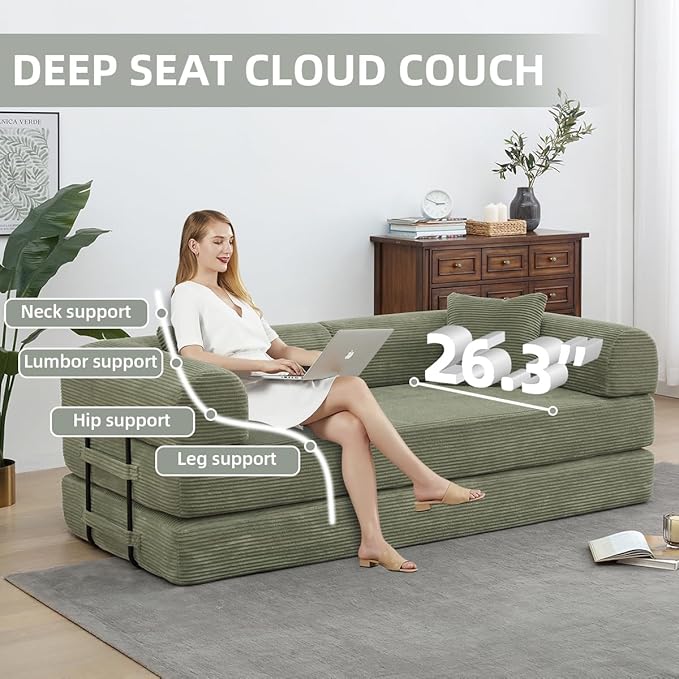 Convertible Folding Sofa BedFold Out Floor Sofa Couch with Fixed-Shape FrameCorduroy Foldable Mattress Cloud Couch for Living Room Bedroom (Light Green 78 Inch)