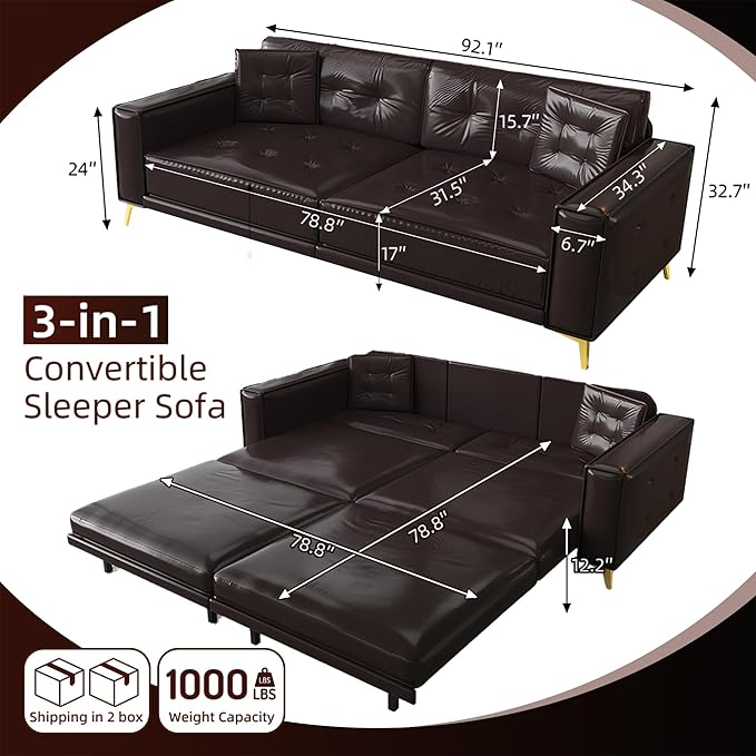 92.1'' King Pull Out Sofa Bed Convertible Futon Couch 3-in-1 Faux Leather Sleeper Sofa with Tufted Back 2 Pillows Gold Legs Deep Folding Loveseat for Living Room Apartment Dark Brown