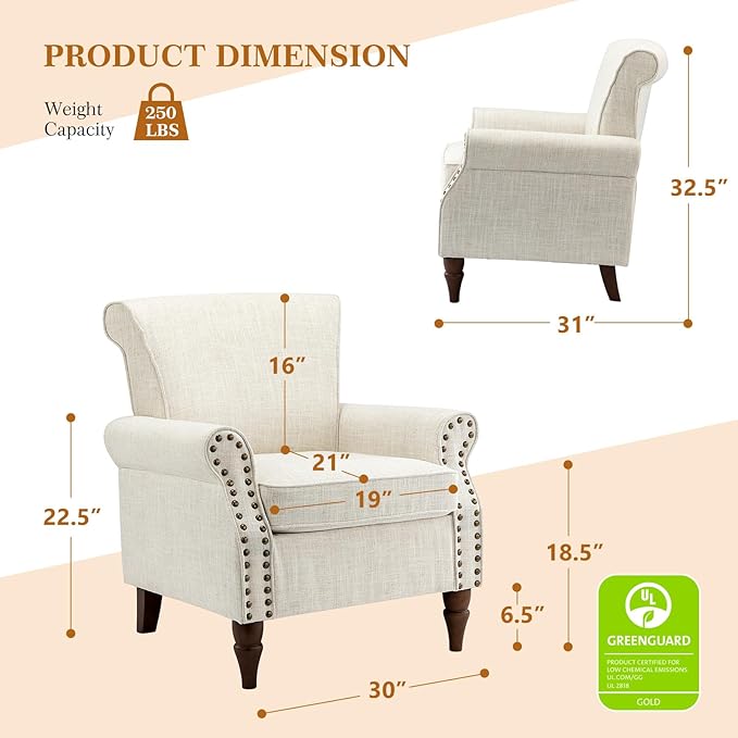 Modern Upholstered Accent Chair with Wood Legs Wingback Armchair with Removable Cushion Comfy Nailhead Trim Lounge Chair Single Sofa Reading Chairs for Living Room Bedroom