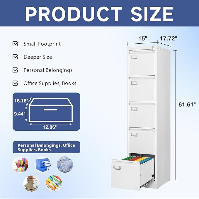5 Drawer File Cabinet Filing Cabinets for Home Office Vertical File Cabinet with Lock 61.6 H Locking File Cabinet for A4 Legal/Letter Assembly Required (White)