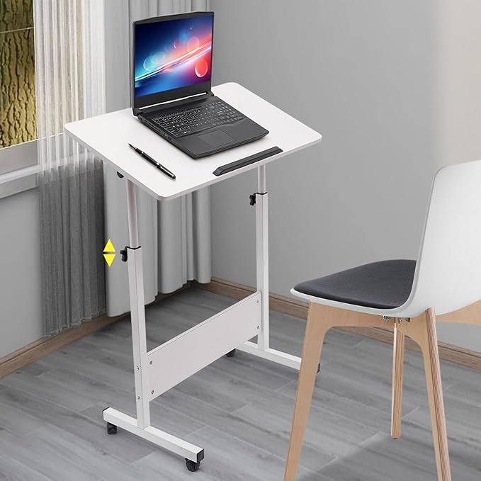 Adjustable Height Standing Desk Portable Laptop Desk on Wheels Rolling Computer Stand Mobile Small Standing Rolling Desk for Home Office 31 Lx16 W White
