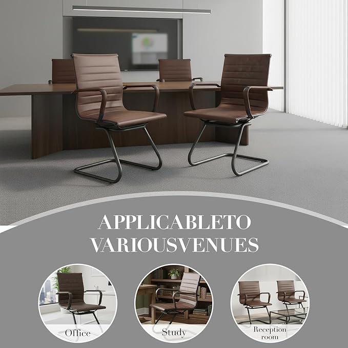 CIMOTA Waiting Room Chairs Set of 8 Leather Office Guest Chair Mid Back Reception Chairs with Sled Base for Meeting/Patient/Conference Room Retro Brown 8PCS