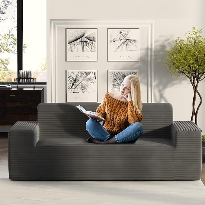Vivvadecor 79 3-Seater Corduroy Sofa Sofa-in-a-Box Modern Floor Foam Couch with 24 Deep Seat No Assembly Needed Sofas for Compact Living Room Apartment Home Office Dark Gray