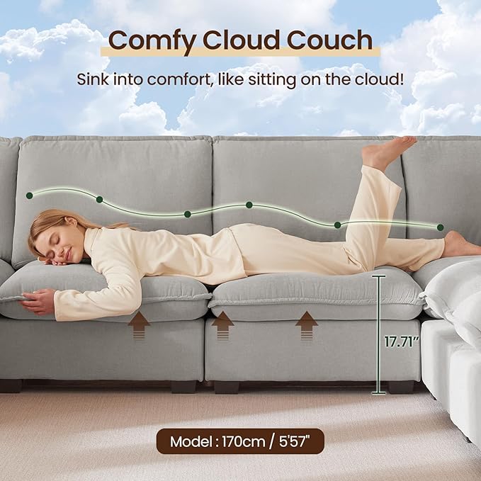 Comfy Cloud Couch Ottoman Moveable Grey Modular Sectional Sofa