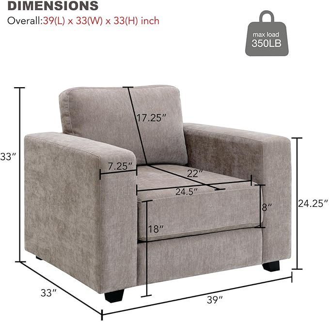 39 Oversized Accent Chair Chenille Fabric Upholstered Armchair Comfy with 350lb Weight Capacity &amp 7-inch Thick Seat – The Perfect Reading Chair for Living Room Bedroom Office (Brown)