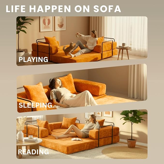 Alpen Futon Sofa Bed Full Size 4-in-1 Sleeper Sofas with L-Shaped Armrests Small Sofa Bed Couch for Small Spaces Loveseat Sleeper for Living Room Bedroom Chenille Orange