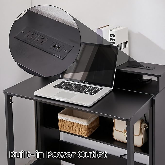 Folding Desk with Charging StationFold Out Desk with Monitor StandStorage ShelfSmall Foldable Computer Desk for Compact Home Office Spaces (Black)