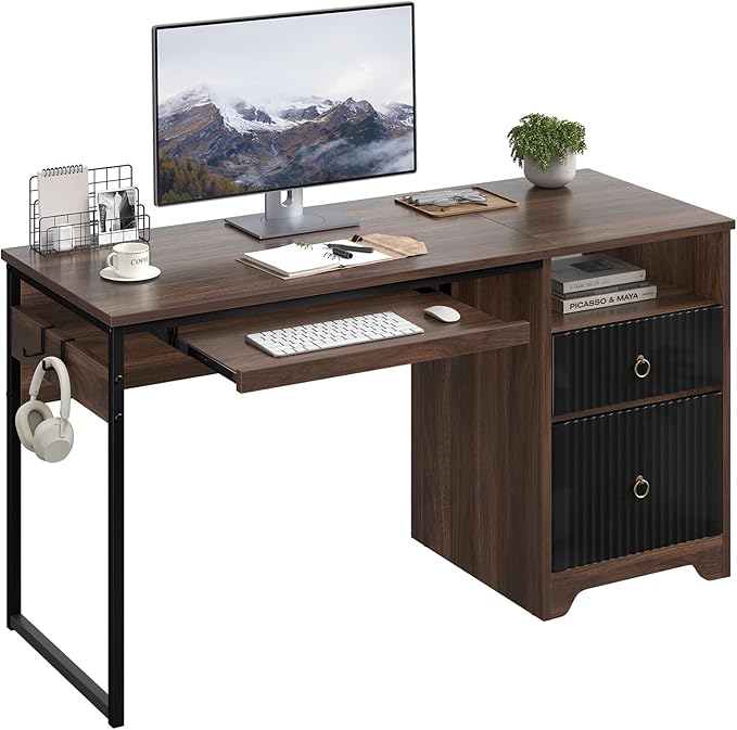 Bestier 55 Inch Computer Desk with Keyboard Tray Modern Office Desk with Storage Wood Writing Desk with File Drawer Fluted Panel &amp 2 Hooks for Home Office &amp Studio Cherry