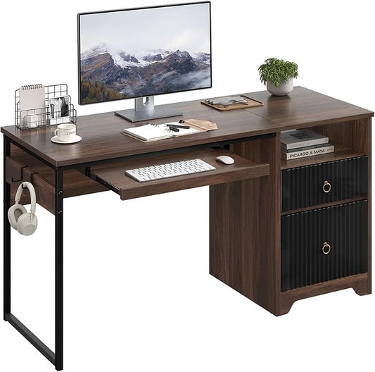 Bestier 55 Inch Computer Desk with Keyboard Tray Modern Office Desk with Storage Wood Writing Desk with File Drawer Fluted Panel &amp 2 Hooks for Home Office &amp Studio Cherry