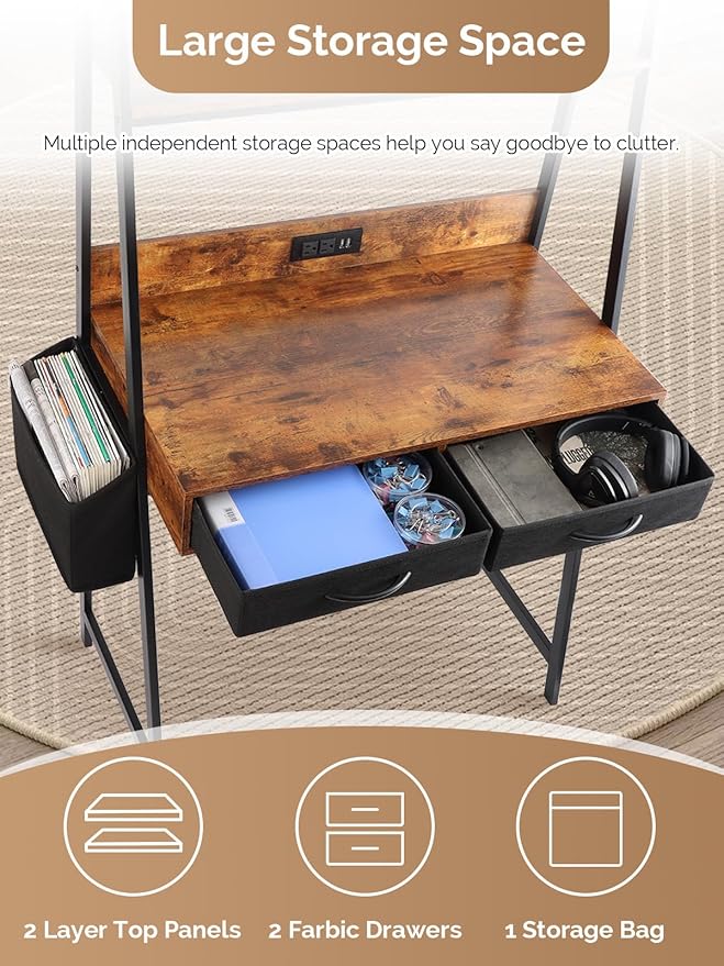 Kathy&ampBob Small Home Office Study Desk - Freestanding Ladder Design with Fabric Drawers &amp Side Bag - Modern Vanity Makeup Desk - 2 Tier Shelf &amp Computer Gaming Station
