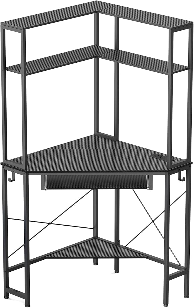 Corner Desk with Hutch and LED Lights Corner Computer Desk with Keyboard Tray and Monitor Stand Small Computer Desk for Small Spaces Home Office（Carbon Black）