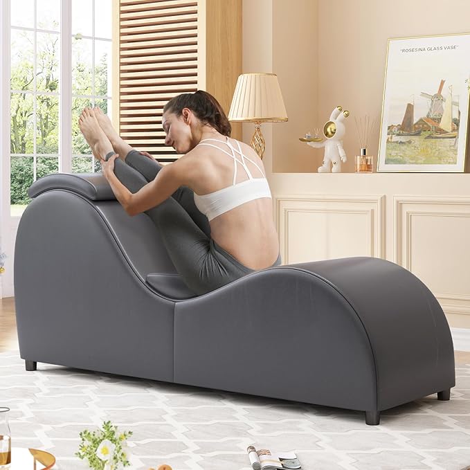 BALUS 60'' Yoga Chairs for Adults Stretching Exercising Relaxing Faux Leather &amp Wooden Sleek Yoga Sofa Chaise Lounge Chair with Adjustable Head Cushion for Living Room Apartment Office Dark Gr