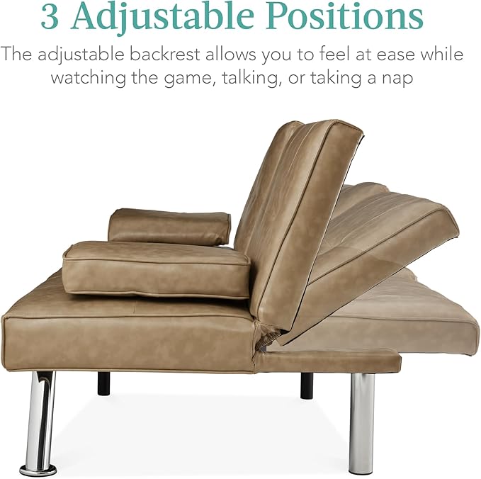 Best Choice Products Faux Leather Upholstered Modern Convertible Futon Adjustable Folding Sofa Bed Guest Bed w/Removable Armrests - Taupe