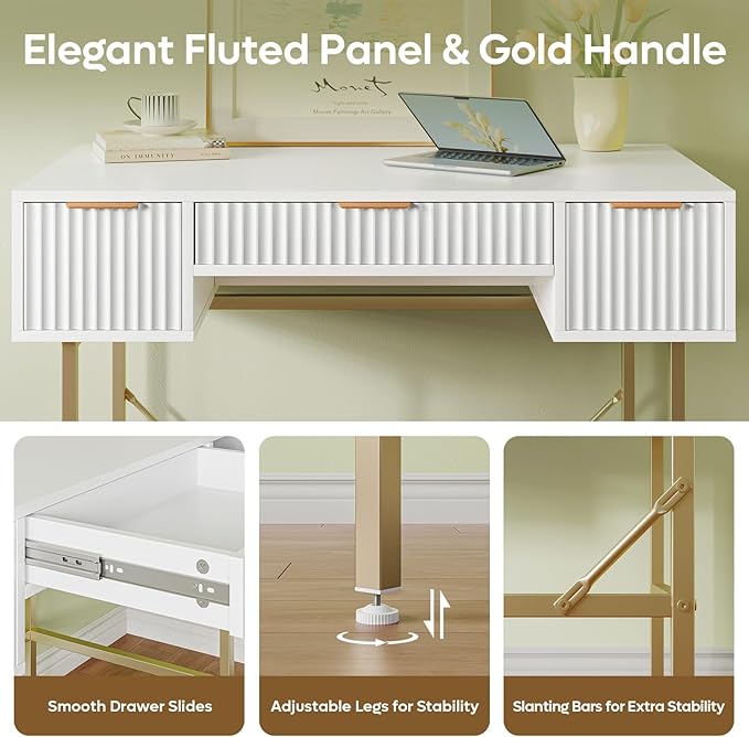Bestier 47.6 Inch Fluted Computer Writing Desk with Drawers for Home Office White and Gold Vanity Desk Modern Simple Makeup Desk for Bedroom