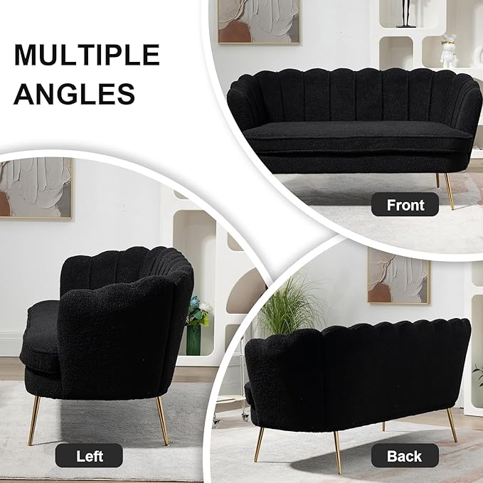 59 Wide Loveseat Sofa Boucle Upholstered Small Couch with Petal-Shaped Design Modern Leisure Sofa with Gold Metal Legs Mini Room Couch for Bedroom Apartment (Black-Boucle)