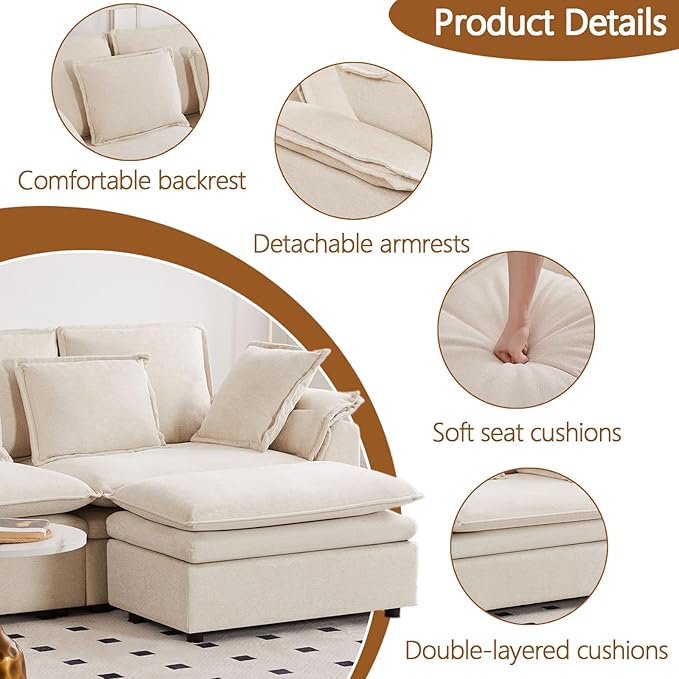 87 L Shaped Sectional Sofa Modular Deep Seat Sofa Couch with Ottoman Chenille Sofa Sleeper Comfy Upholstered Furniture for Living Room Apartment Studio Office (Beige Loveseat)