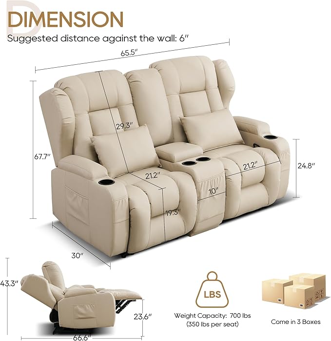 DRMBOOK RV Loveseat Recliner Sofa Double Wall Hugger Reclining Couches Manual Reclinable Movie Seating 2 Person Recliner for Travel Trailer (Leathaire Beige 2 Seater with Standard Console)
