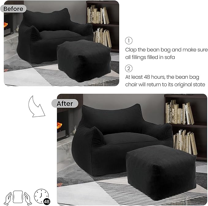 YOURLITE Bean Bag Chair for Adults with Footrest High-Resilience Foam Filled Bean Bag Sofa with Armrests and Backrest Comfy Corduroy Floor Sofa for Living Room Bedroom or Balcony (Dark Grey)