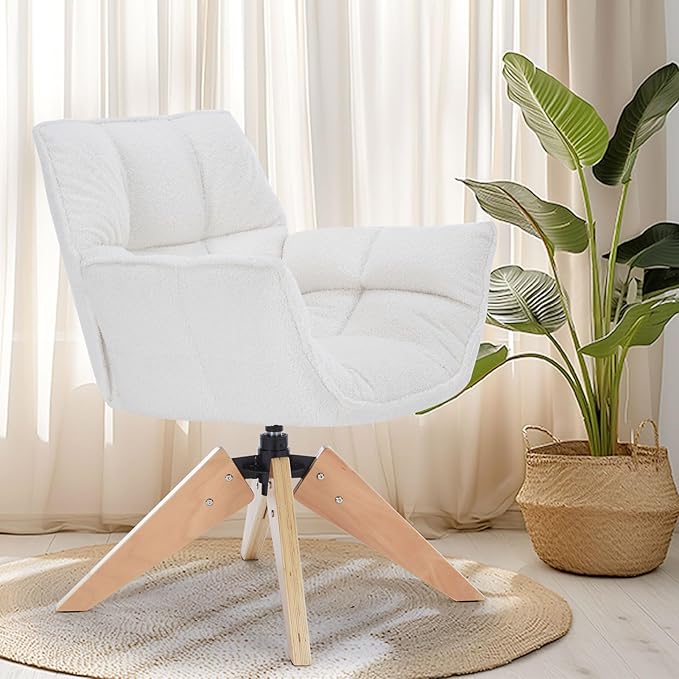Mid Century Accent Chair Lambs Wool Vanity Chair Modern Cozy Desk Chair no Wheels with Amrest Wood Legs for Living Room Reading Room Bedroom White Lambwool