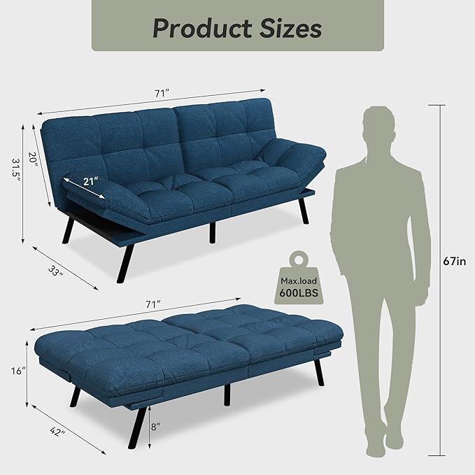 Convertible Futon Sofa Bed71 Memory Foam Futon CouchDetachable CushionAdjustable Backrest &amp ArmrestLinen Modern Loveseat Sleeper Recliner for Living RoomOfficeApartmentRoyal Blue
