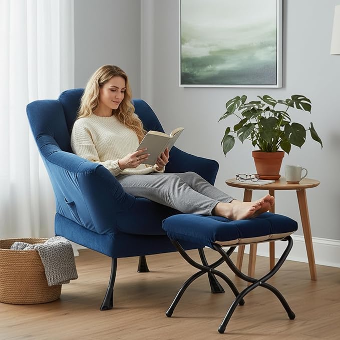 Lazy Chair with Ottoman Modern Accent Chair Sofa Chair with Armrests Reading Chair and Folding Footstool for Living Room Bedroom Office Royal Blue