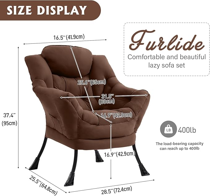 Lazy Chair for Living Room Modern Accent Chairs with Armrests Dark Brown Armchairs with Side Pocket Cozy Lazy Sofa for Reading Balcony Bedroom Dorm Small Spaces
