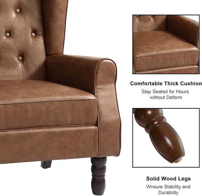 Accent Chair Upholstered Armchair with Button Tufted High Back &amp Solid Wood Legs Comfy Wingback Reading Single Sofa Chair for Small Spaces Living Room Bedroom (Leather Brown Set of 2)