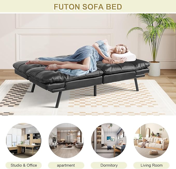 MUUEGM Convertible Futon Sofa Bed Memory Foam Futons Couch Bed 71 Adjustable Backrests and Armrests Sleeper Sofa Modern Love Seat Couch Bed for Living Room Small Space Office Matte Black